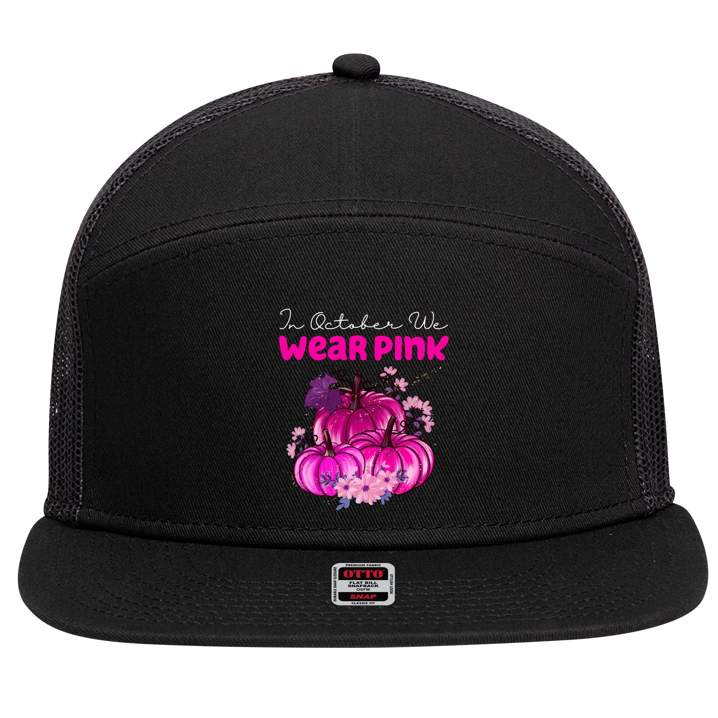 In October We Wear Pink Pumpkin Fall 7 Panel Mesh Trucker Snapback Hat