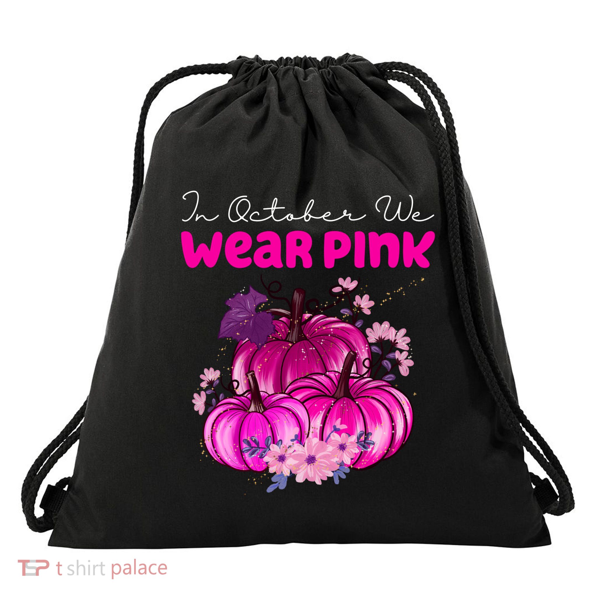 In October We Wear Pink Pumpkin Fall Drawstring Bag