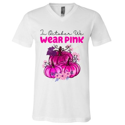 In October We Wear Pink Pumpkin Fall V-Neck T-Shirt