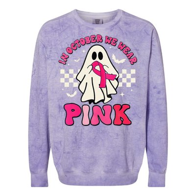 In October We Wear P.Ink Breast Cancer Groovy Ghost Halloween Gift Colorblast Crewneck Sweatshirt