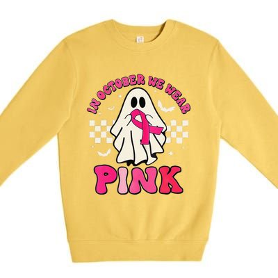 In October We Wear P.Ink Breast Cancer Groovy Ghost Halloween Gift Premium Crewneck Sweatshirt