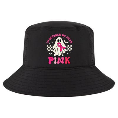 In October We Wear P.Ink Breast Cancer Groovy Ghost Halloween Gift Cool Comfort Performance Bucket Hat