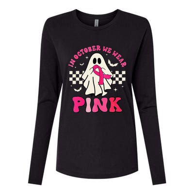 In October We Wear P.Ink Breast Cancer Groovy Ghost Halloween Gift Womens Cotton Relaxed Long Sleeve T-Shirt