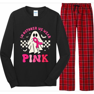 In October We Wear P.Ink Breast Cancer Groovy Ghost Halloween Gift Long Sleeve Pajama Set