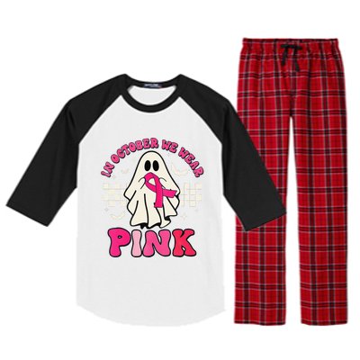 In October We Wear P.Ink Breast Cancer Groovy Ghost Halloween Gift Raglan Sleeve Pajama Set