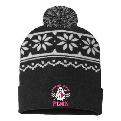 In October We Wear P.Ink Breast Cancer Groovy Ghost Halloween Gift USA-Made Snowflake Beanie