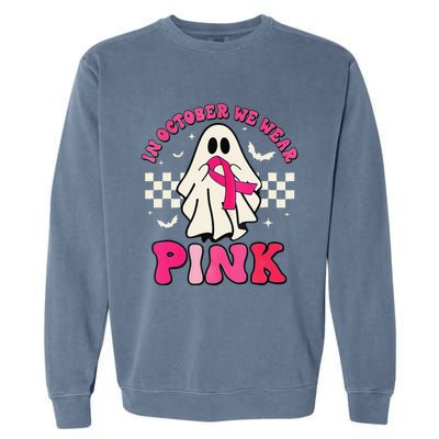 In October We Wear P.Ink Breast Cancer Groovy Ghost Halloween Gift Garment-Dyed Sweatshirt