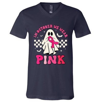 In October We Wear P.Ink Breast Cancer Groovy Ghost Halloween Gift V-Neck T-Shirt