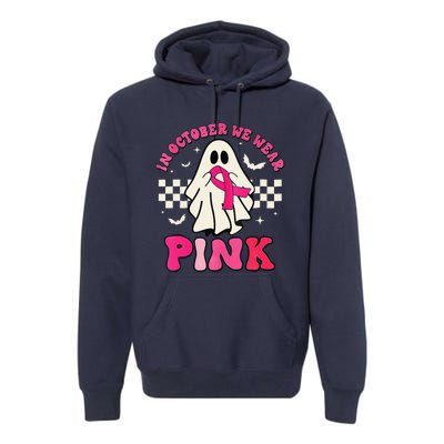 In October We Wear P.Ink Breast Cancer Groovy Ghost Halloween Gift Premium Hoodie