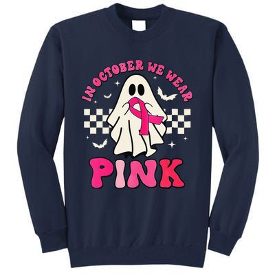 In October We Wear P.Ink Breast Cancer Groovy Ghost Halloween Gift Tall Sweatshirt