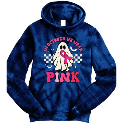 In October We Wear P.Ink Breast Cancer Groovy Ghost Halloween Gift Tie Dye Hoodie