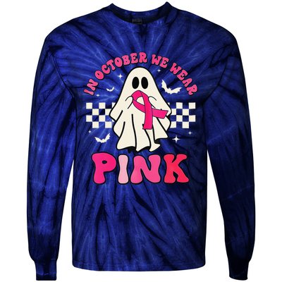 In October We Wear P.Ink Breast Cancer Groovy Ghost Halloween Gift Tie-Dye Long Sleeve Shirt