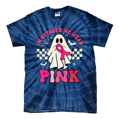 In October We Wear P.Ink Breast Cancer Groovy Ghost Halloween Gift Tie-Dye T-Shirt