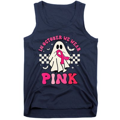 In October We Wear P.Ink Breast Cancer Groovy Ghost Halloween Gift Tank Top