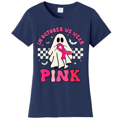 In October We Wear P.Ink Breast Cancer Groovy Ghost Halloween Gift Women's T-Shirt