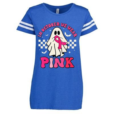 In October We Wear P.Ink Breast Cancer Groovy Ghost Halloween Gift Enza Ladies Jersey Football T-Shirt