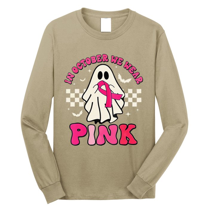 In October We Wear P.Ink Breast Cancer Groovy Ghost Halloween Gift Long Sleeve Shirt