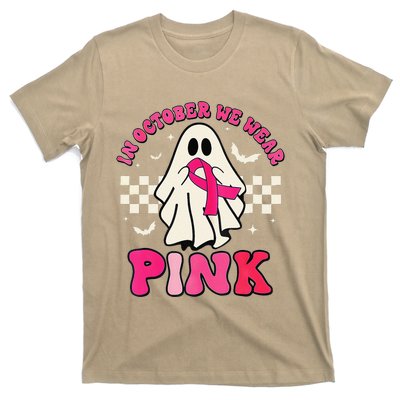 In October We Wear P.Ink Breast Cancer Groovy Ghost Halloween Gift T-Shirt