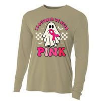 In October We Wear P.Ink Breast Cancer Groovy Ghost Halloween Gift Cooling Performance Long Sleeve Crew