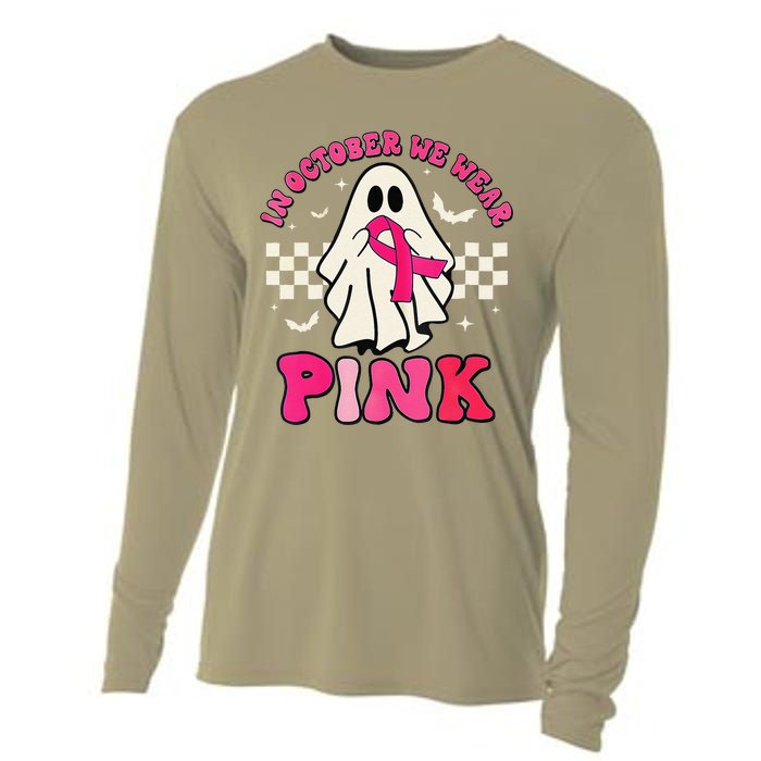 In October We Wear P.Ink Breast Cancer Groovy Ghost Halloween Gift Cooling Performance Long Sleeve Crew