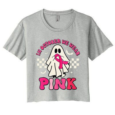 In October We Wear P.Ink Breast Cancer Groovy Ghost Halloween Gift Women's Crop Top Tee