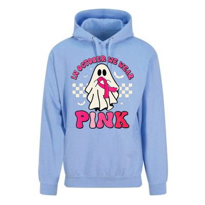 In October We Wear P.Ink Breast Cancer Groovy Ghost Halloween Gift Unisex Surf Hoodie