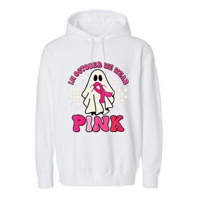 In October We Wear P.Ink Breast Cancer Groovy Ghost Halloween Gift Garment-Dyed Fleece Hoodie