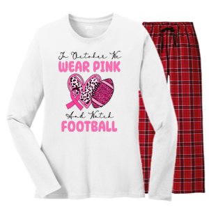 In October We Wear Pink And Watch Football Breast Cancer Women's Long Sleeve Flannel Pajama Set 