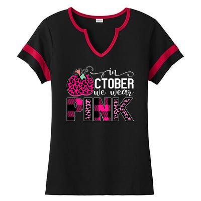 In October We Wear Pink Breast Cancer Pumpkin Ladies Halftime Notch Neck Tee