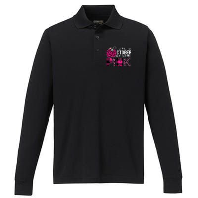 In October We Wear Pink Breast Cancer Pumpkin Performance Long Sleeve Polo