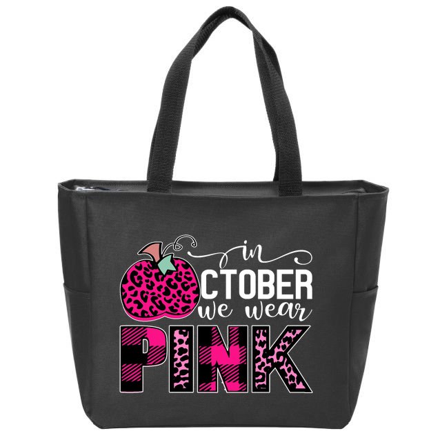 In October We Wear Pink Breast Cancer Pumpkin Zip Tote Bag
