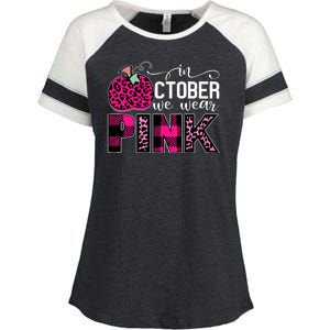 In October We Wear Pink Breast Cancer Pumpkin Enza Ladies Jersey Colorblock Tee