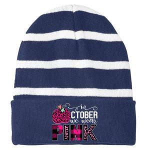 In October We Wear Pink Breast Cancer Pumpkin Striped Beanie with Solid Band