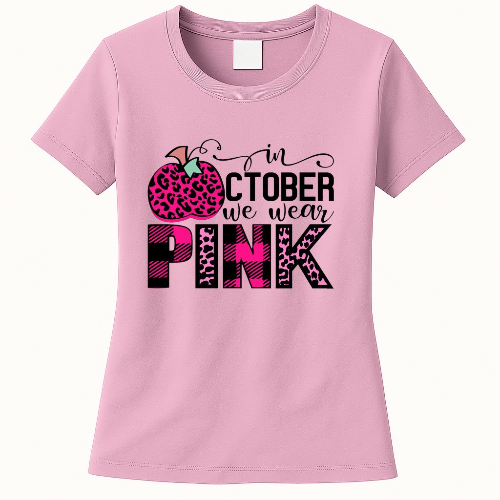 In October We Wear Pink Breast Cancer Pumpkin Womens T-Shirt