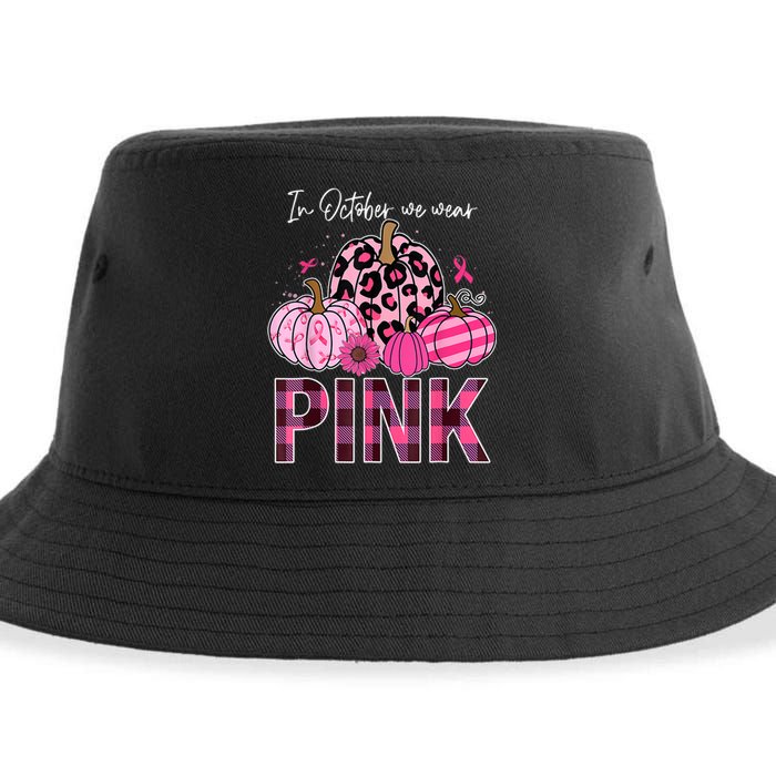 In October We Wear Pink Ribbon Leopard Pumpkin Breast Cancer Sustainable Bucket Hat