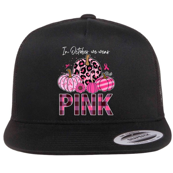 In October We Wear Pink Ribbon Leopard Pumpkin Breast Cancer Flat Bill Trucker Hat