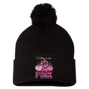 In October We Wear Pink Ribbon Leopard Pumpkin Breast Cancer Pom Pom 12in Knit Beanie