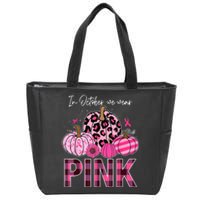 In October We Wear Pink Ribbon Leopard Pumpkin Breast Cancer Zip Tote Bag