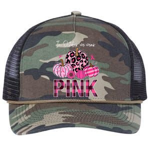 In October We Wear Pink Ribbon Leopard Pumpkin Breast Cancer Retro Rope Trucker Hat Cap