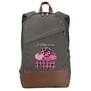 In October We Wear Pink Ribbon Leopard Pumpkin Breast Cancer Cotton Canvas Backpack