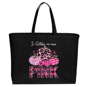 In October We Wear Pink Ribbon Leopard Pumpkin Breast Cancer Cotton Canvas Jumbo Tote