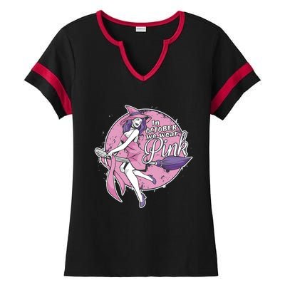 In October We Wear Pink Ribbon Witch Halloween Breast Cancer Ladies Halftime Notch Neck Tee