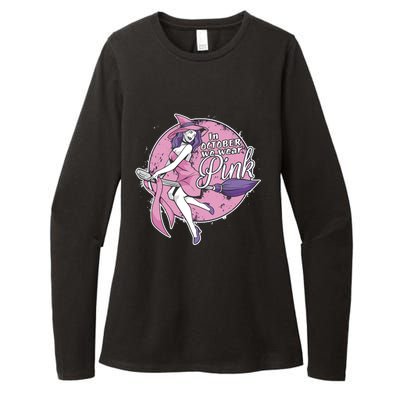 In October We Wear Pink Ribbon Witch Halloween Breast Cancer Womens CVC Long Sleeve Shirt