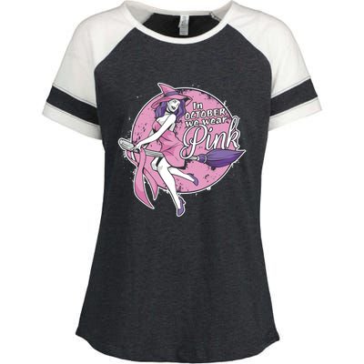 In October We Wear Pink Ribbon Witch Halloween Breast Cancer Enza Ladies Jersey Colorblock Tee