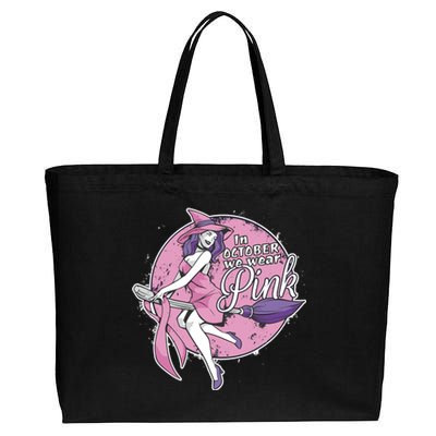 In October We Wear Pink Ribbon Witch Halloween Breast Cancer Cotton Canvas Jumbo Tote