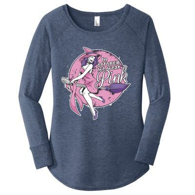 In October We Wear Pink Ribbon Witch Halloween Breast Cancer Women's Perfect Tri Tunic Long Sleeve Shirt