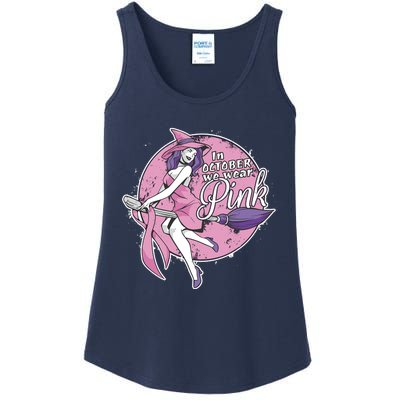 In October We Wear Pink Ribbon Witch Halloween Breast Cancer Ladies Essential Tank