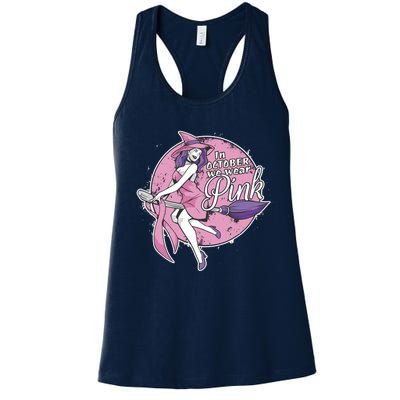 In October We Wear Pink Ribbon Witch Halloween Breast Cancer Women's Racerback Tank