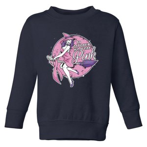 In October We Wear Pink Ribbon Witch Halloween Breast Cancer Toddler Sweatshirt