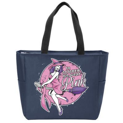 In October We Wear Pink Ribbon Witch Halloween Breast Cancer Zip Tote Bag